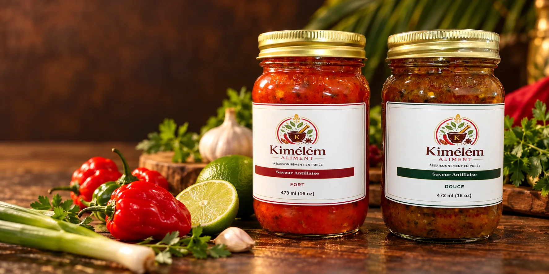 Les deux pots Saveur Antillaise, Fort et Douce, sur une table de bois avec piments, lime, ail et persil